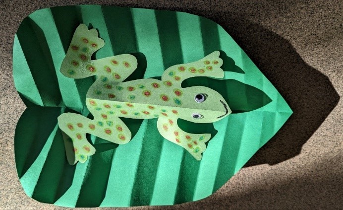 Paper Frog Paper frog with googly eyes and drawn-on spots. The frog is sitting on a piece of paper that is crimped to look like a leaf.