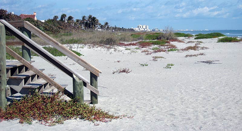 Cocoa Beach 10th Street South beach access stairway. Sea wall has been replaced by large dune and now the shoreline is much further away.