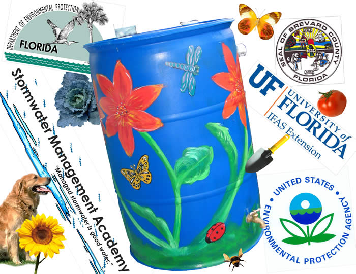 Brevard County Natural Resources Rain Barrel Registration Painted rain barrel with logos of University of Florida, United Dtates Environmental Protection Agency, Brevard County, and Stormwater Management Academy.