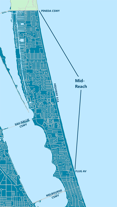 Map of the shoreline from Pineda Causeway south past Melbourne Causeway. Mid-Reach project area extends from Pineda Causeway to Flug Ave in Melbourne. Map includes the Eau Gallie Causeway, Melbourne Causeway and Highway A1A. 