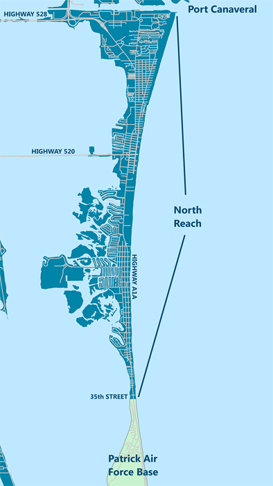 Map of the shoreline extending from Port Canaveral to Patrick Airforce Base. Includes Highways 528, 520 and A1A. The North Reach area extends from Port Canaveral to 35th street, just north of Patrick Air Force Base.