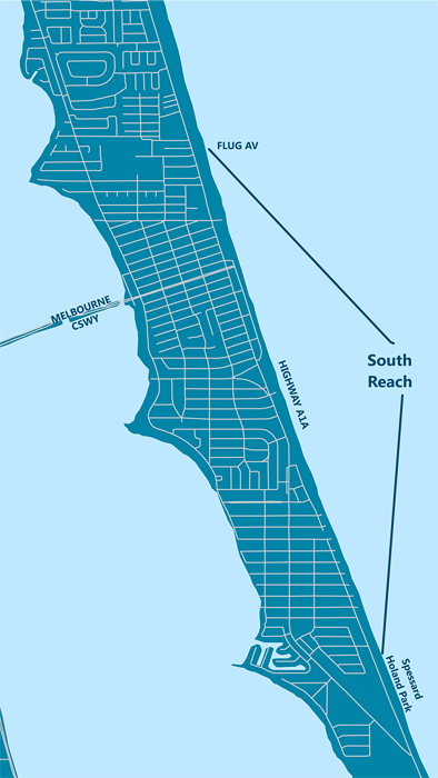 Map of shoreline of Melbourne Beach. Indicates South Reach area as extending from Flug Ave to Spressard Holland Park. Also includes Melbourne Causeway and Highway A1A. 