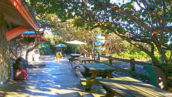 Picnic tables on patio Picnic tables on patio
