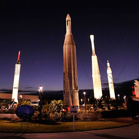 NASA's rocket garden at night.