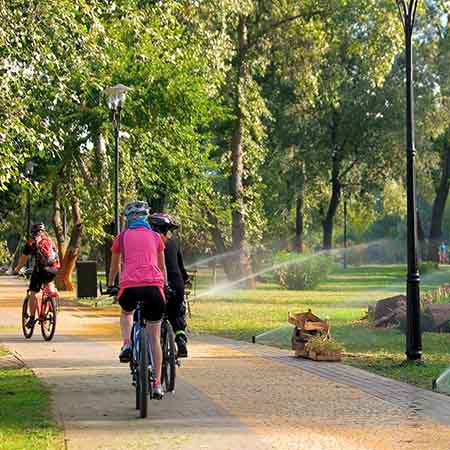 Bicyclists riding by sprinklers